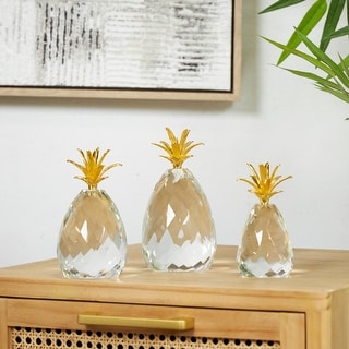 Clear Crystal Faceted Pineapple Fruit Decorative Sculpture with Gold Leaves (Set of 3)