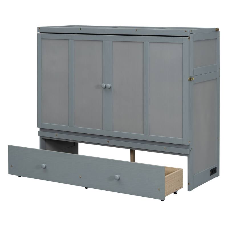 Full Size 2-in-1 Murphy Bed Cabinet with Space Saving Design with Built in USB/Power Outlets, Large Storage Drawer