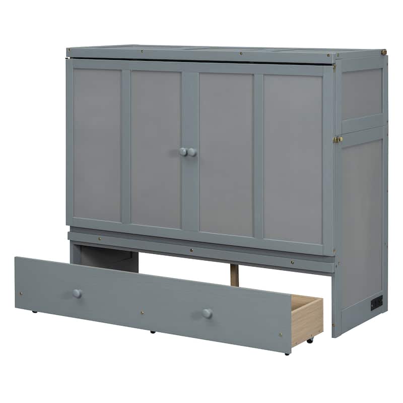 Full Size Murphy Bed with USB Port and a Large Drawer, Gray