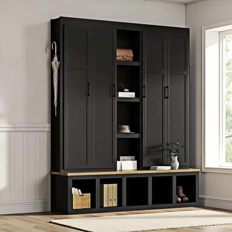 4-in-1 Hall Tree with 6 Hanging Hooks, Entryway Shoe Cabinet with Open Compartments, Wood Bench with Multiple Storage Space