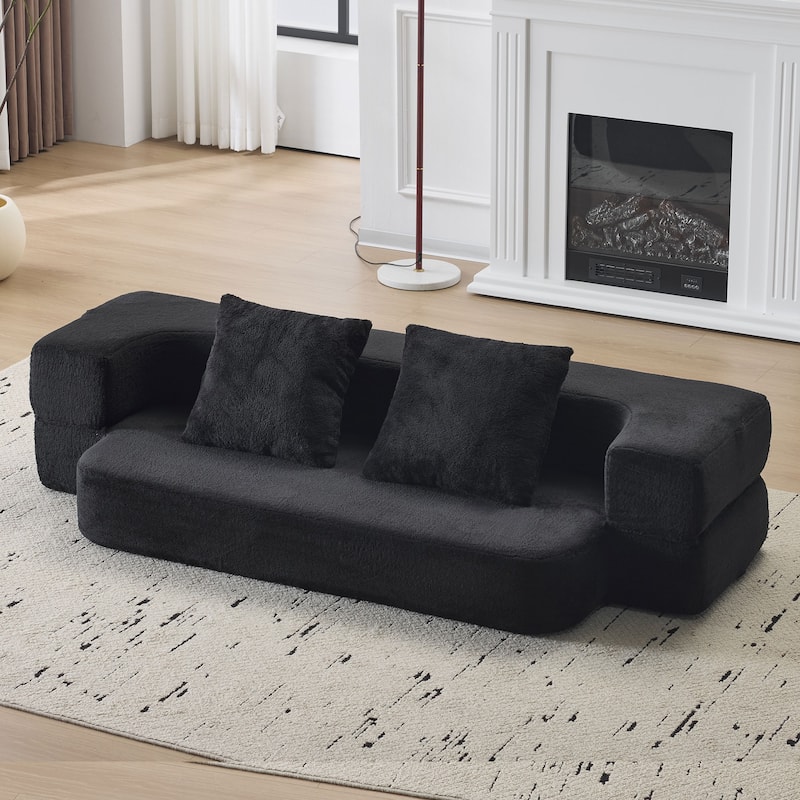 Transformable Sectional Sofa with 3 Ottomans - Fold-Out Bed, Compact Chenille Lounger in Black Faux Fur for Small Spaces