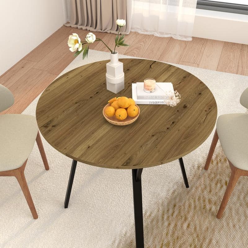 35.43 Inch Round Dining Table with Black Metal Legs, Brown Industrial Kitchen Table(only table)