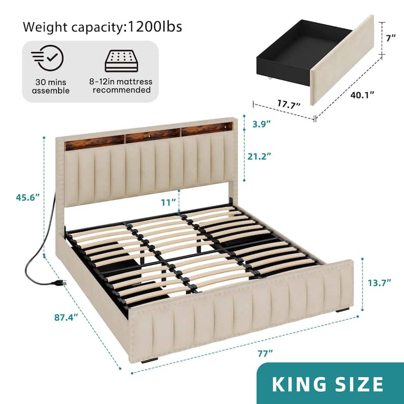 Full / Queen / King Size Platform Bed Frame with Upholstered Storage Headboard and 4 Drawers - Beige - King