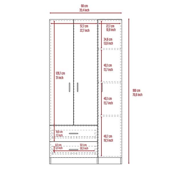 dimension image slide 0 of 2, Bosko 3 Doors Armoire, 2 Drawers, 4 Shelves, Metal Rod