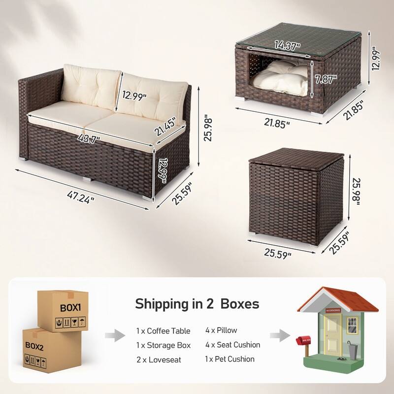 Patio 4-Piece Wicker Sectional Set with 2 Loveseats, Hydraulic Storage Box & Pet House Table