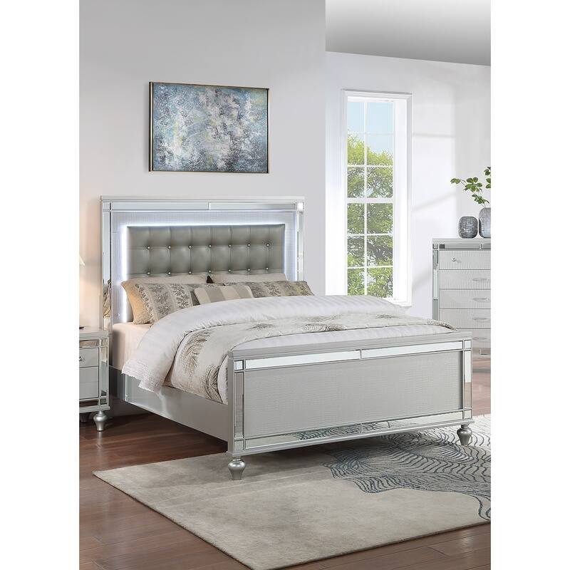 Beautiful Silver Tufted Faux Leather Queen Size Bed w LED Lights 1pc Panel Bedframe Bedroom