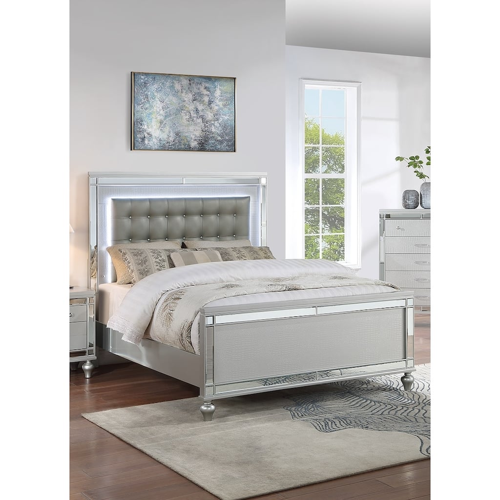 Beautiful Silver Tufted Faux Leather Queen Size Bed w LED Lights 1pc Panel Bedframe Bedroom