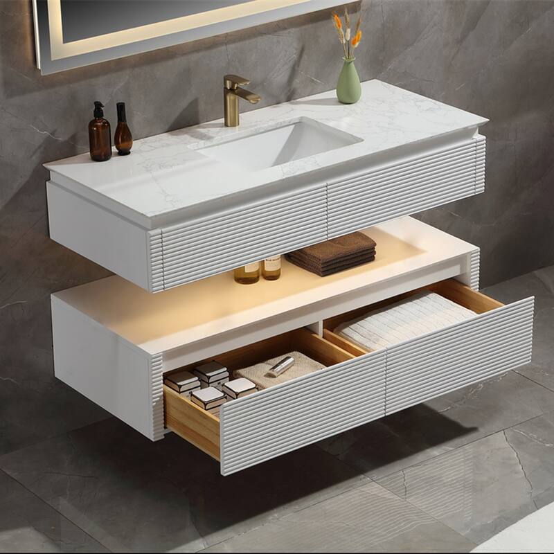 48 Inch Solid Wood Wall-Mounted Bathroom Vanity Set in Green/ White with Engineered Stone Top and Ceramic Sink