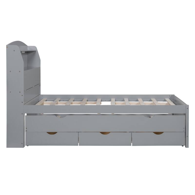Full Size Gray Wooden Bed with LED Night Light, Trundle, and Under-Bed Storage Drawers