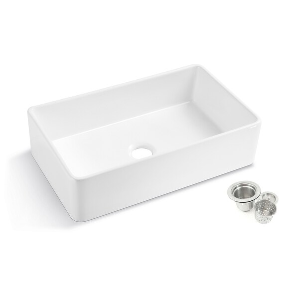 33-Inch Fireclay Farmhouse Sink – Double Bowl, Apron Front, White With Grids & Strainers