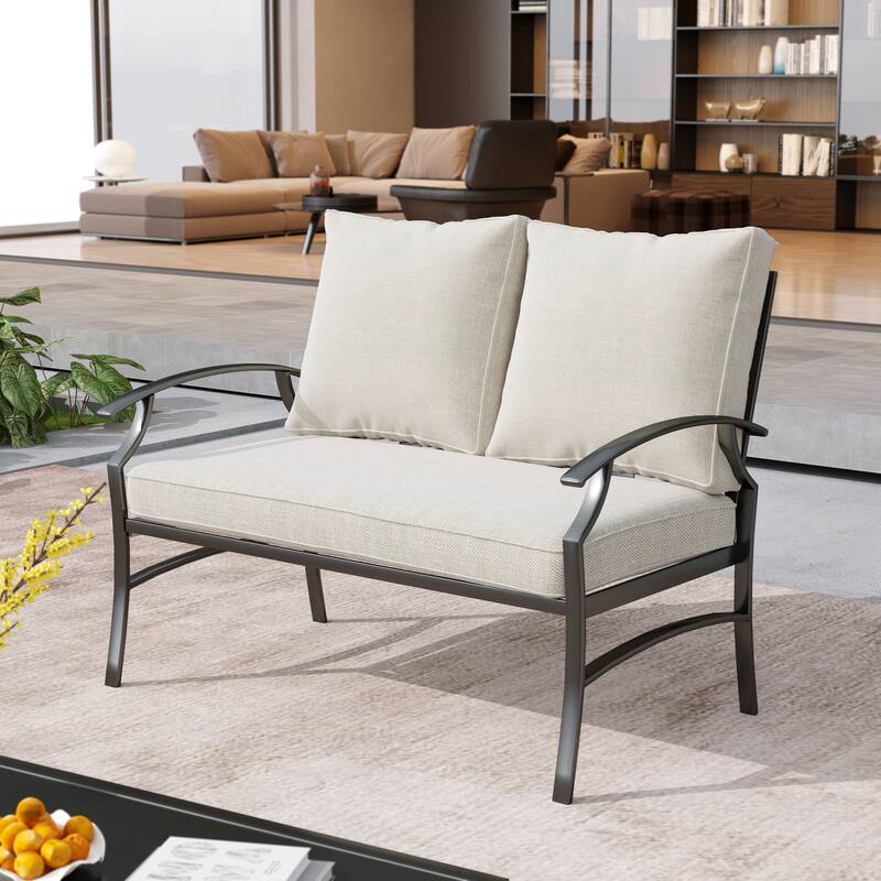 Uixe Outdoor Patio Upholstered All-Weather Loveseat with Cushions - Beige