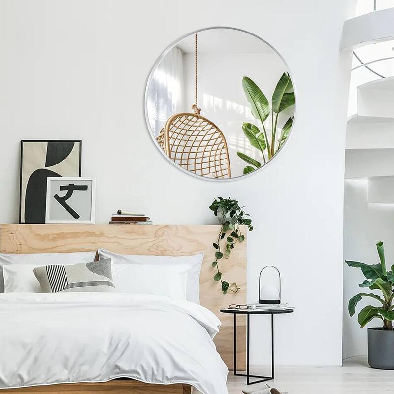 Round Wall Mirror Circle Bathroom Mirror Metal Frame for Bathroom Entryway Bedroom Living Room Wall Mounted Modern Rustic Decor - Silver - 36" x 36"