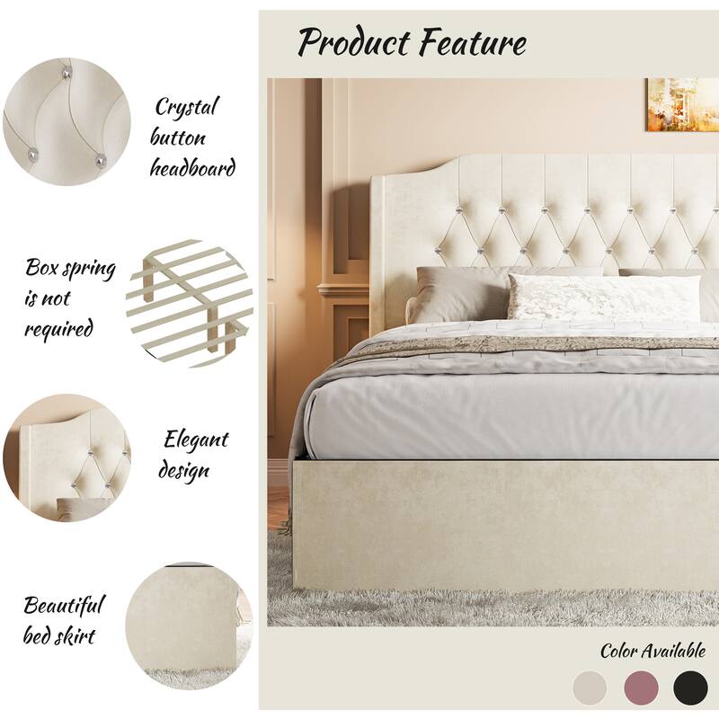 Crystal Button Accents Wingback Tufted Headboard Bed Frame, Platform Bed with Under-Bed Storage Space, Wood Low Profile Bed