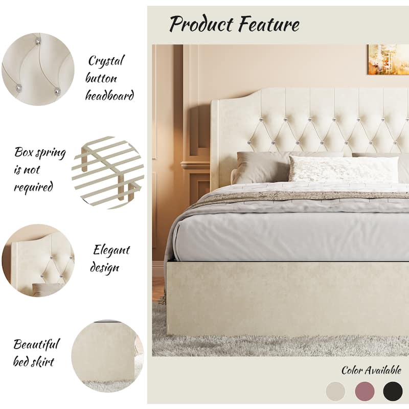 Queen Size Upholstered Platform Bed Frame with Crystal Button Tufting, Wingback Headboard with Shelf, Under-Bed Storage