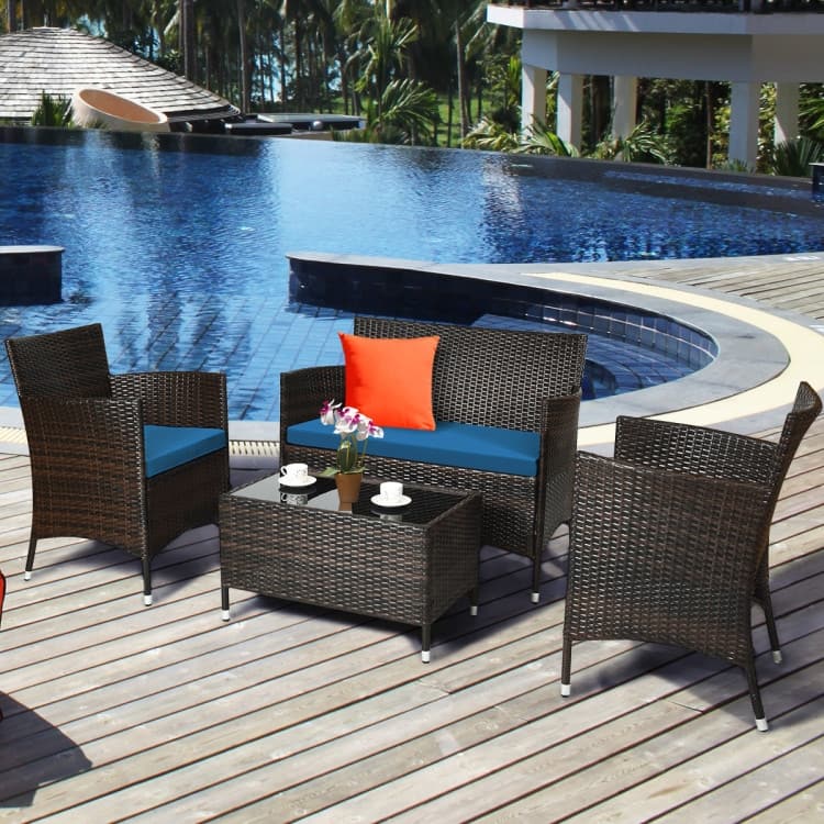Rattan Patio Conversation Furniture Set with Glass Table and Comfortable Sofa - 4 Pcs
