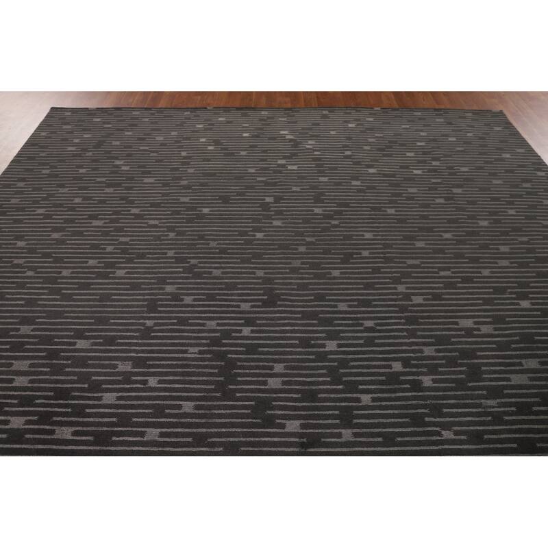 Striped Black Nepalese Indian Area Rug Hand-Knotted Wool Carpet - 9'0" x 11'8"