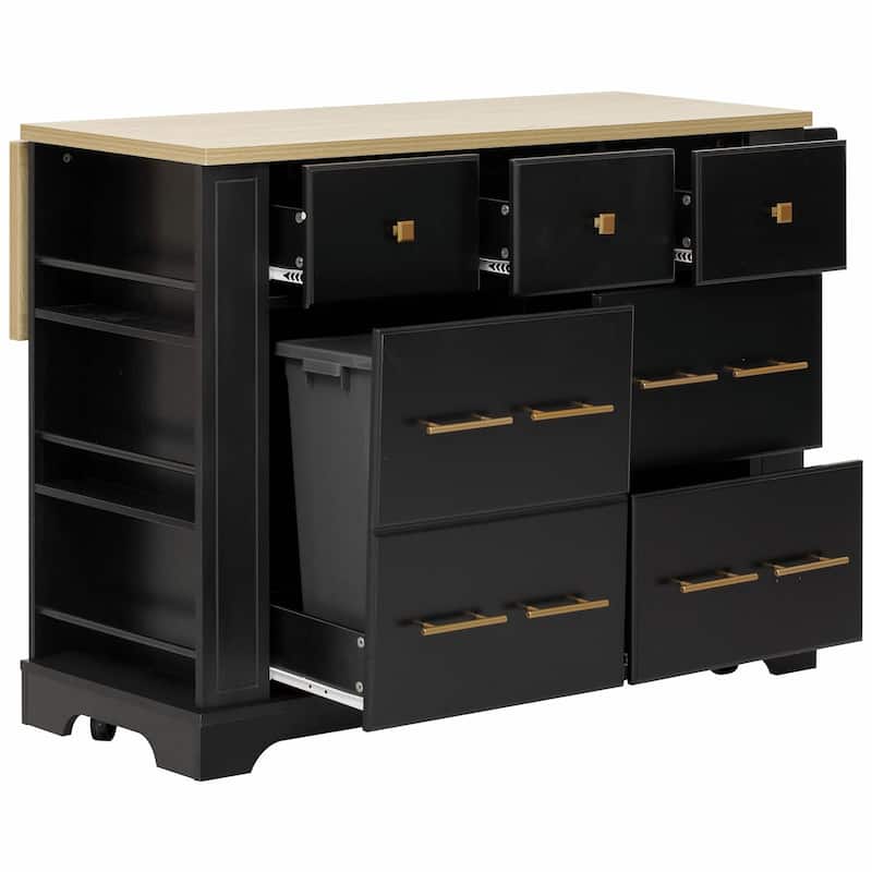 Kitchen Island with 6 Drawers, Pull-Out Trash Can Storage
