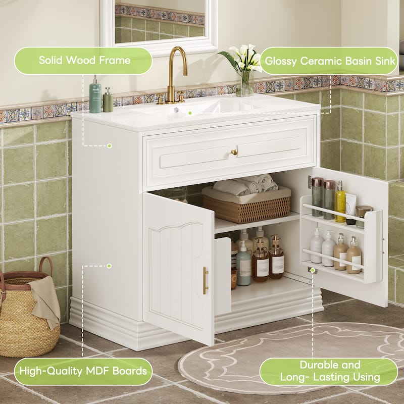 36" Wood Bathroom Vanity with Ceramic Sink and 2 Closing Doors