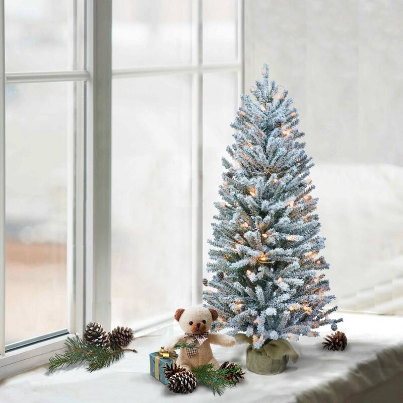 3' Pre-Lit Flocked Fir Artificial Christmas Tree with Pines Cones, Clear Lights - 3 Foot