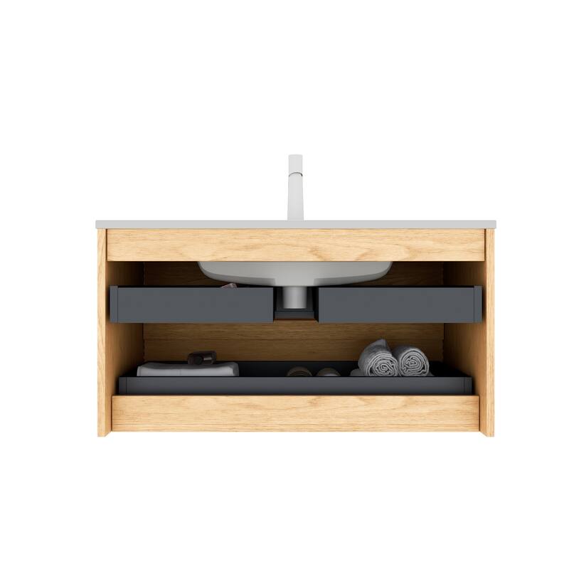 Minimalist Wall Floating Bathroom Vanity Horizontal Stripe Storage Cabinet with Integrated Sink and 2 Soft Close Drawers