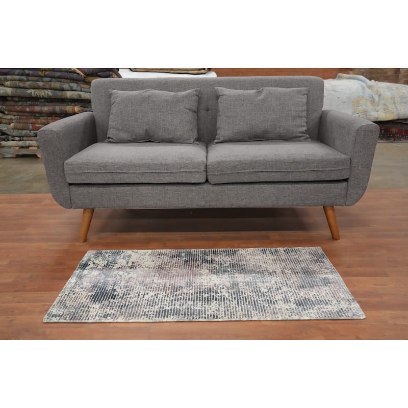 Hand Knotted Oriental Viscose Silk Carpet Modern Abstract Greys & Charcoal Abstract Area Rug - 4' 0'' X 2' 0''