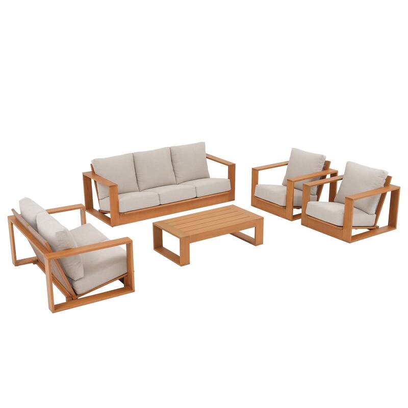 Outdoor Conversation Set 5-Piece Eucalyptus Wood 3-Seater Sofa Weather‑resistant Rope Weave Loveseat with Coffee Table