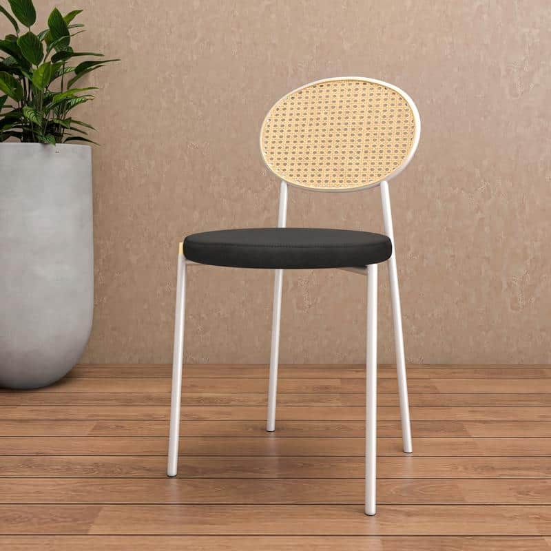 LeisureMod Euston Modern Dining Chair with Upholstered Velvet Seat - Wicker Back and White Stainless Steel Legs Accent Chair