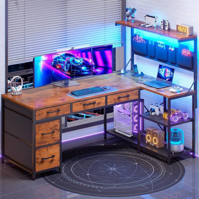 L Shaped Computer Desk 5 fabric Drawers Gaming Desk Storage Shelf - 47.2" - Brown