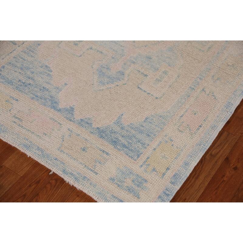Hand Knotted Oriental 100% Wool Carpet Transitional Geometric Navy Blue & Blues Oushak Runner Rug - 16' 3'' X 3' 4''