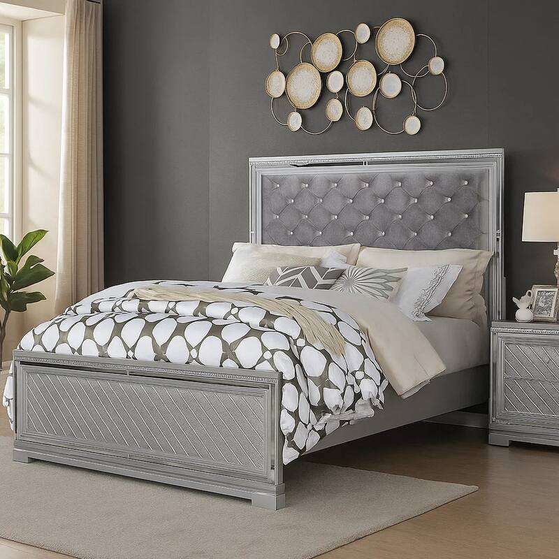 Fery Queen Size Bed, Gray Velvet Upholstery, Silver Mirror Accents