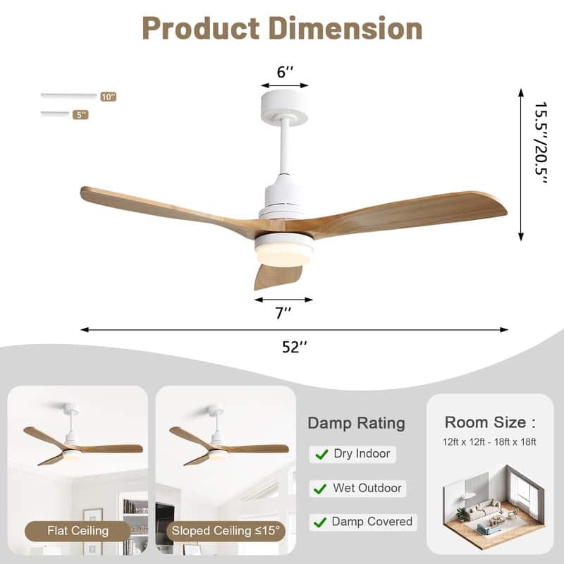 Sofucor 48/52 Inch Wood Ceiling Fan with Light and Remote/Smart App Voice Control, Dimmable Lights Included