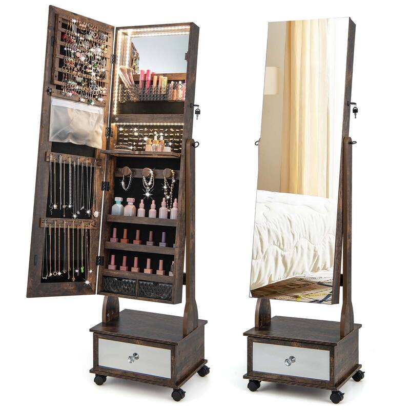 Costway Jewelry Cabinet Armoire Full-Length Mirror Lockable with - See Details - Coffee