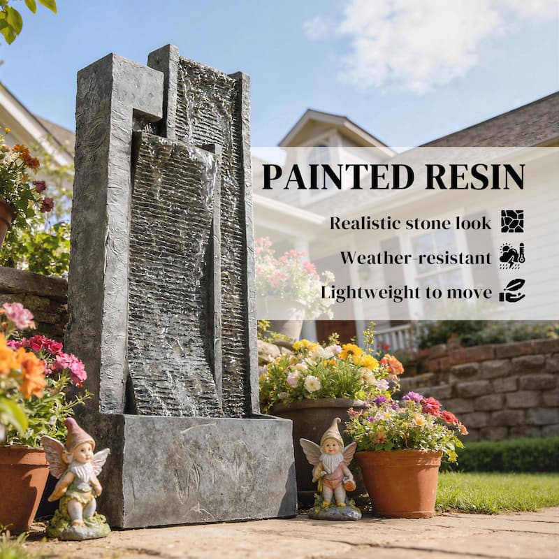 Outsunny 40" Tall Outdoor Waterfall Fountain with LED Lights and Planter, 3-Tier Cascading Waterfall Feature with Pump
