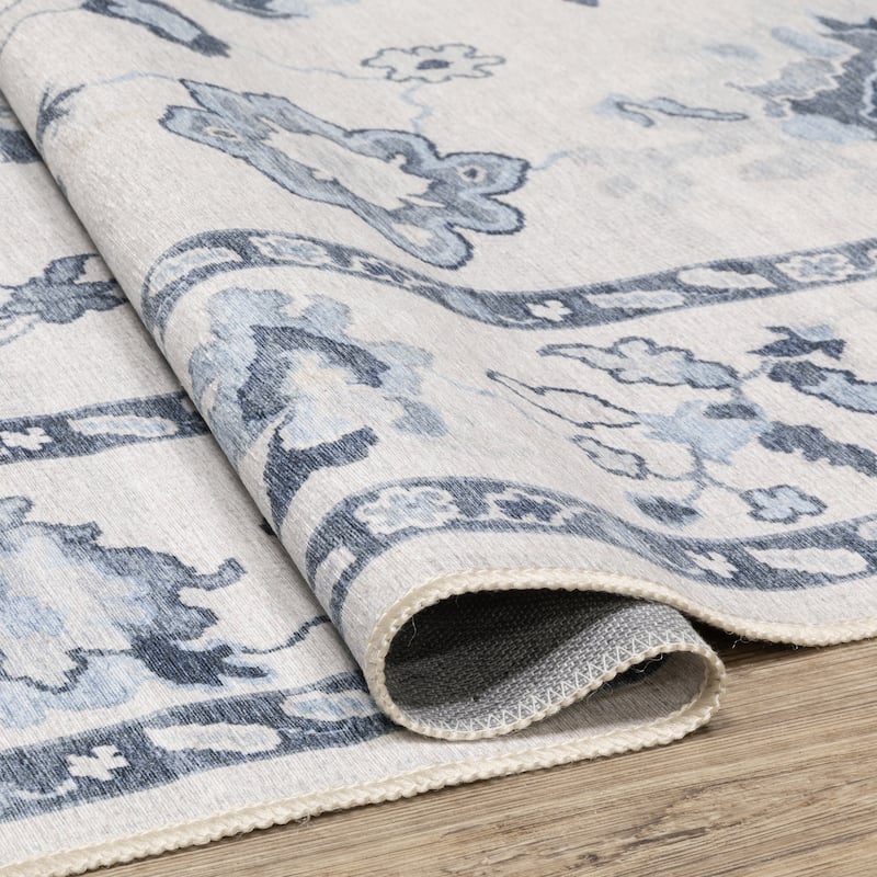 Ainsley Vintage Traditional Ivory/ Blue Printed Washable Flat Pile Area Rug