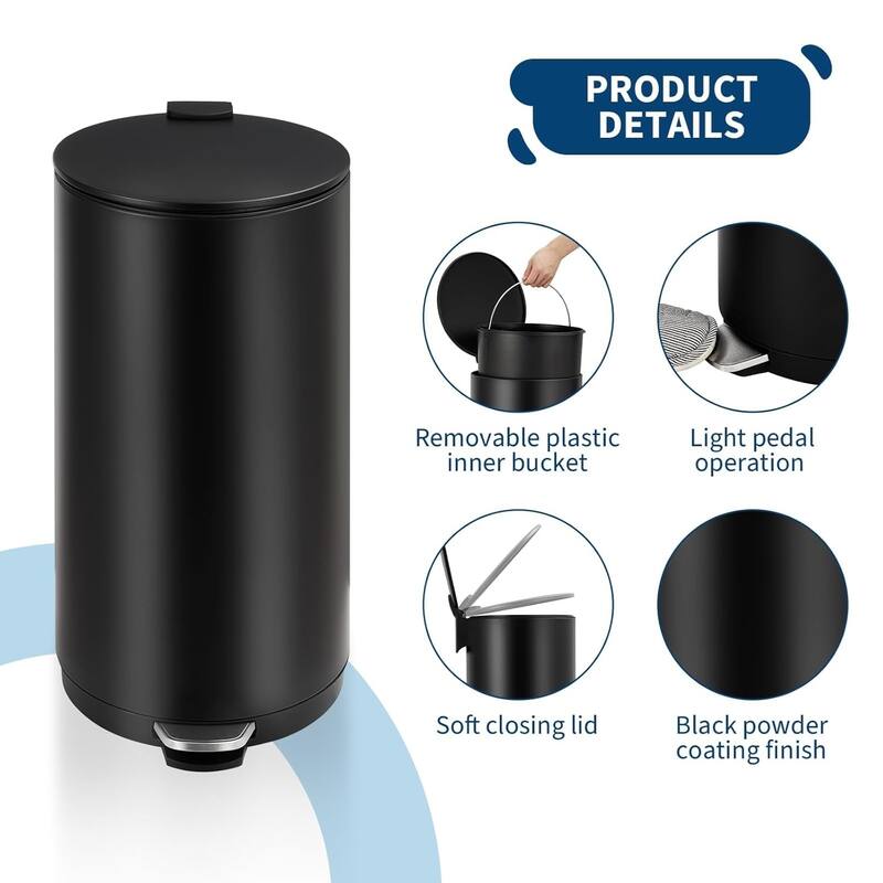 8 Gallon/30L Step Round Trash Can with Lid and Removable Inner Bucket for Home, Bedroom, Office，Kitchen，Bathroom，Black