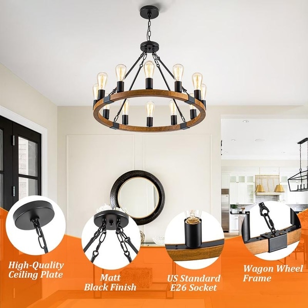 Wood Wagon Wheel Chandelier Farmhouse 12 Light 24undefinedundefined Brown Black Metal Pendant Chandeliers Wooden Vintage Rustic Light Fixtures Bed Bath Beyond 42351418