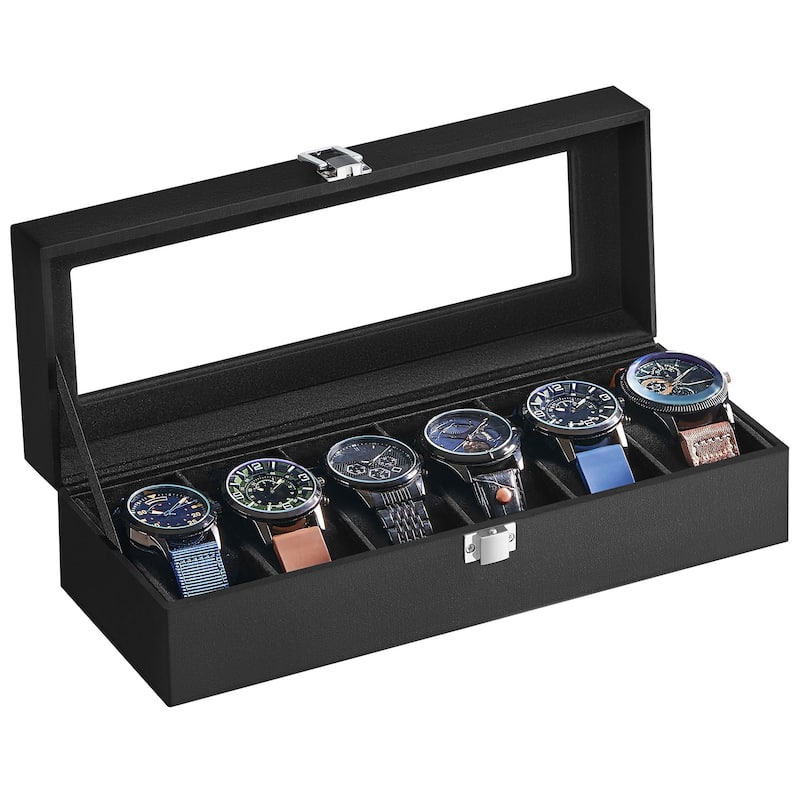 6-Slot Black Watch Display Box with Clear Glass Cover and Velvet Lining to Protect Your Collection - 4.4”D x 11.9”W x 3.1”H