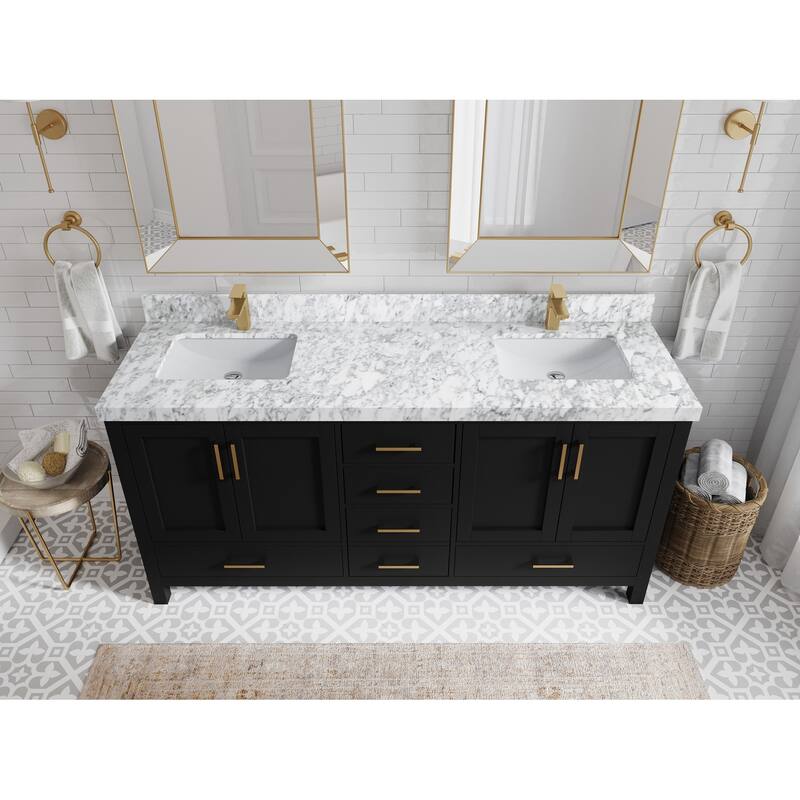 Willow Collection 72 in. W x 22 in. D Malibu Double Sink Bathroom Vanity with Countertop - 2" Carrara Marble - Black