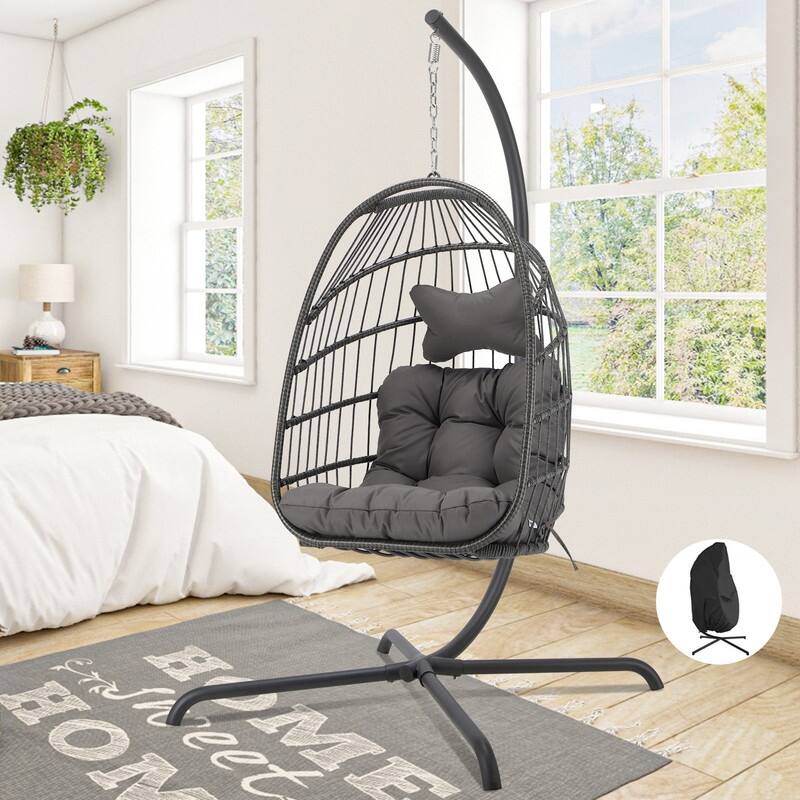 FINCATI Indoor Royal Oversized Hanging Egg Chair with Stand, 350 lbs Outdoor Egg Swing Chair with Stand, Cozy Egg Chair Swing - Dark Grey/Cover