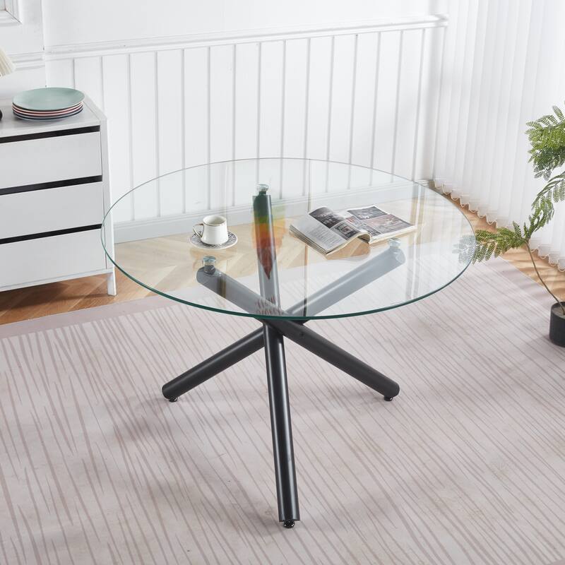 Dining Table with Metal Leg and Glass, Modern Space Saving Kitchen Table for Living Room - Black