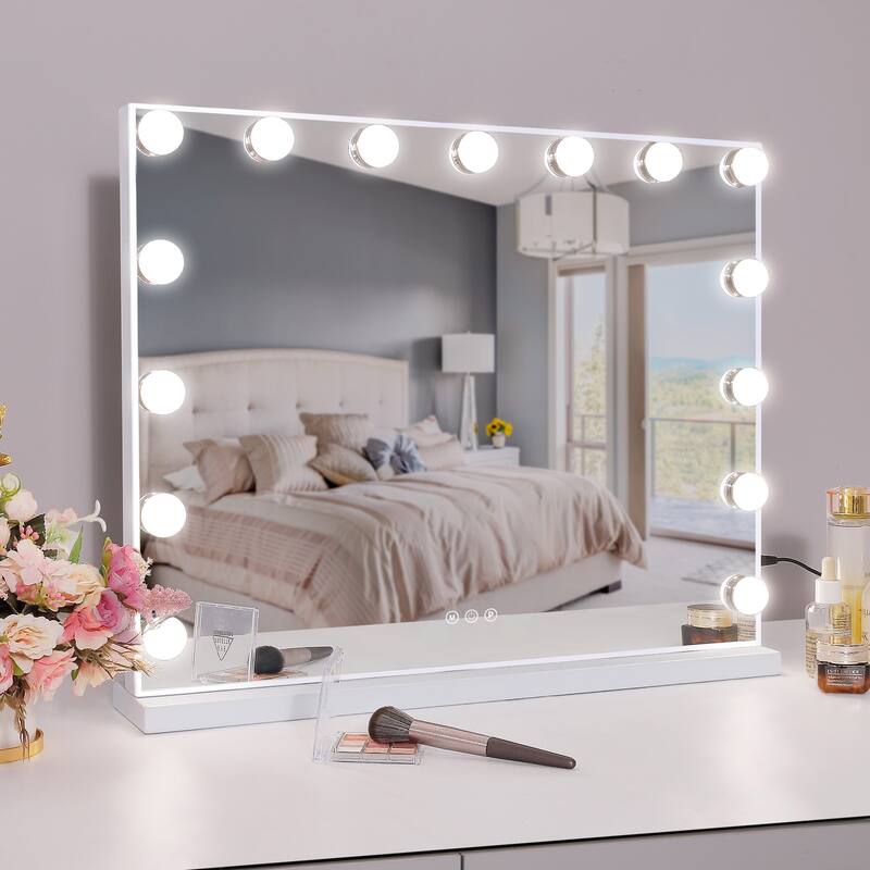 Makeup Mirror with 15 Dimmable LED Bulbs 3 Colors Lights & USB Charge Port, Slim Metal Frame Design, Tabletop/Wall - White+Silver