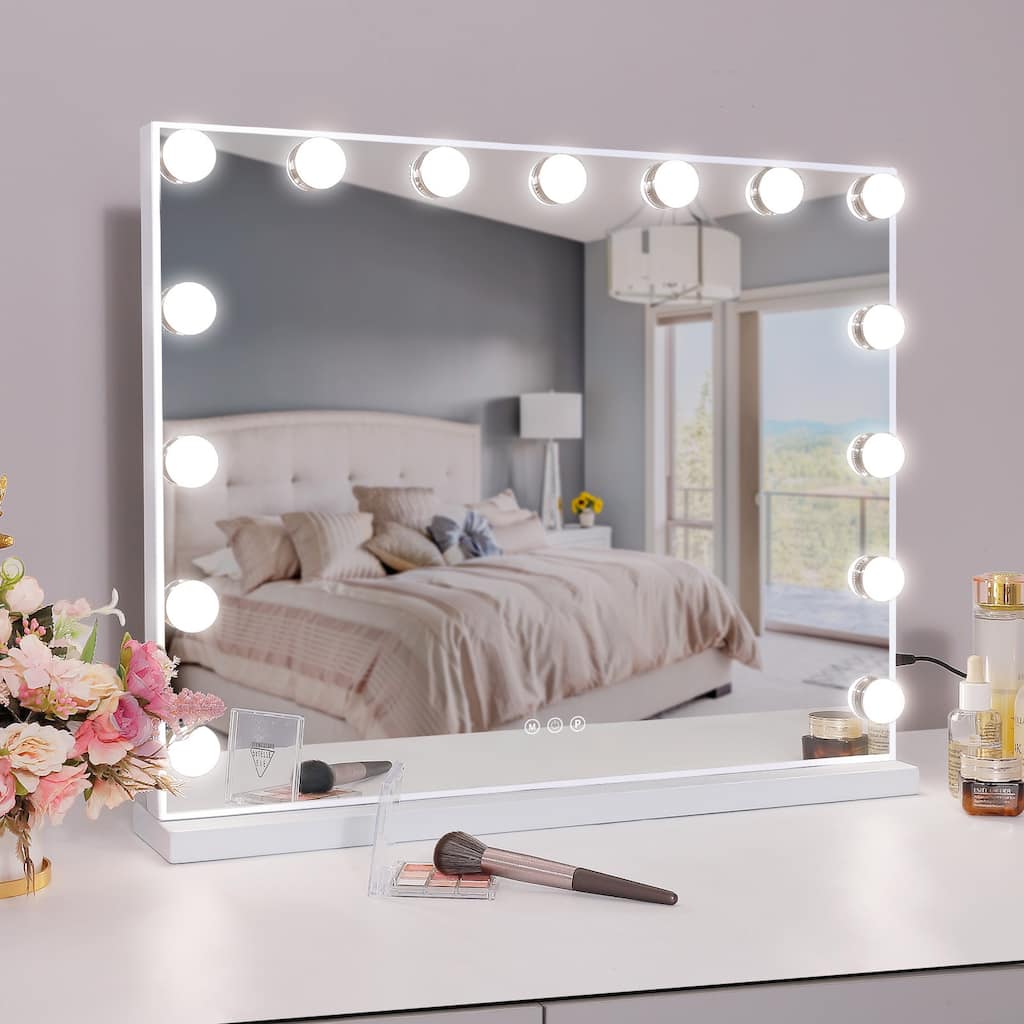 Makeup Mirror with 15 Dimmable LED Bulbs 3 Colors Lights & USB Charge Port, Slim Metal Frame Design, Tabletop/Wall