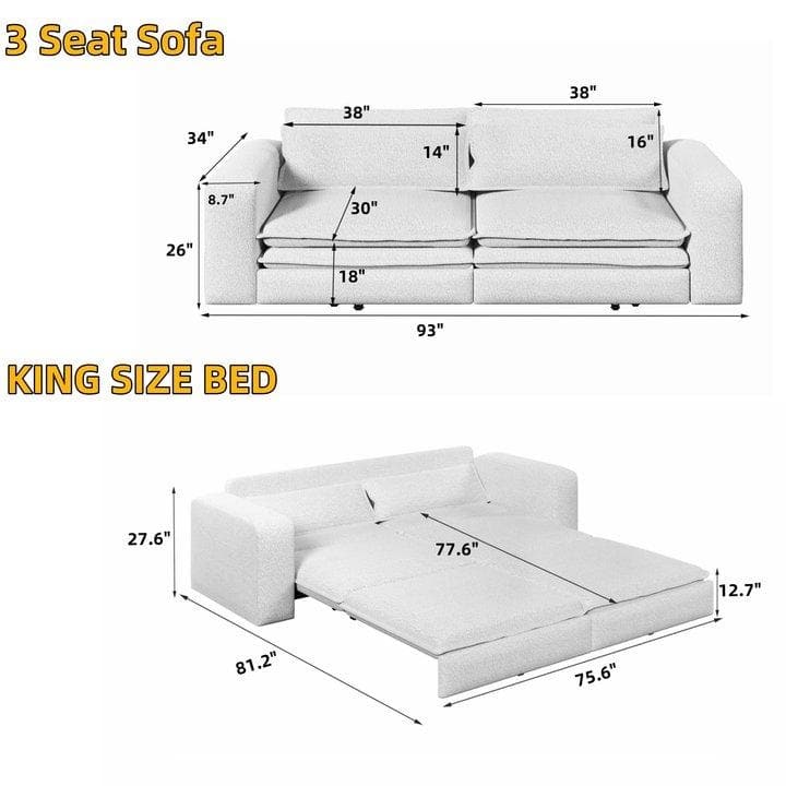 93" King Sleeper Sofa Bed - 3-in-1 Convertible Couch with Chaise Lounge, 2 Pillows, for Living Room, Office