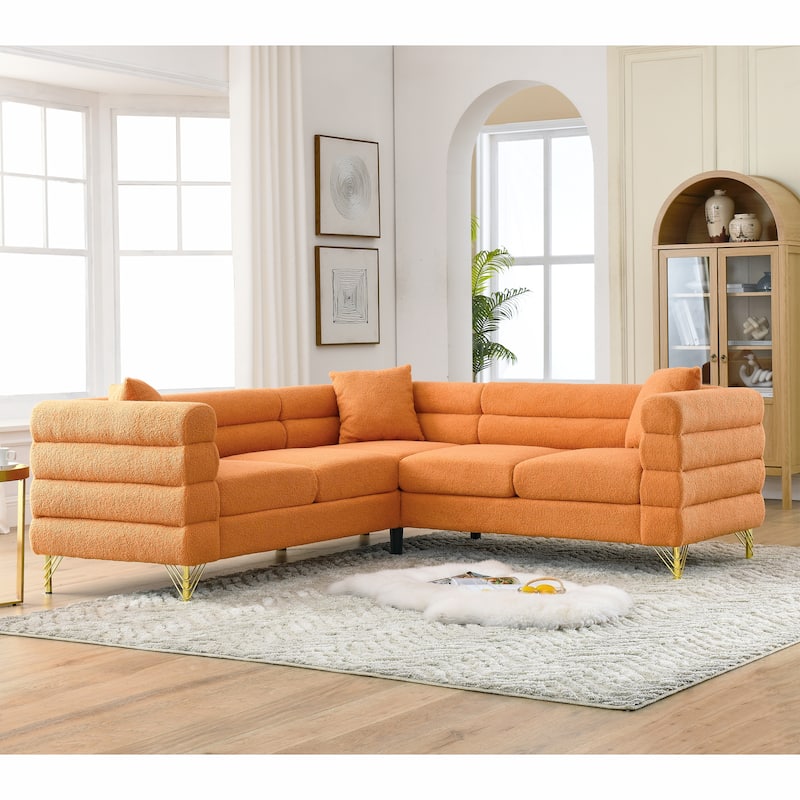 Modern Corner Sofa with Teddy Fabric and Metal Legs, 3-Seater with 3 Pillows