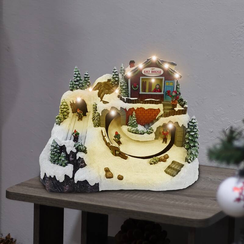 Alpine Corporation Christmas Winter Wonderland Set with LED Lights and Music - Ski Resort