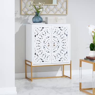 White or Grey Wood Pine Boho Eclectic Traditional 2 Door Storage Cabinet