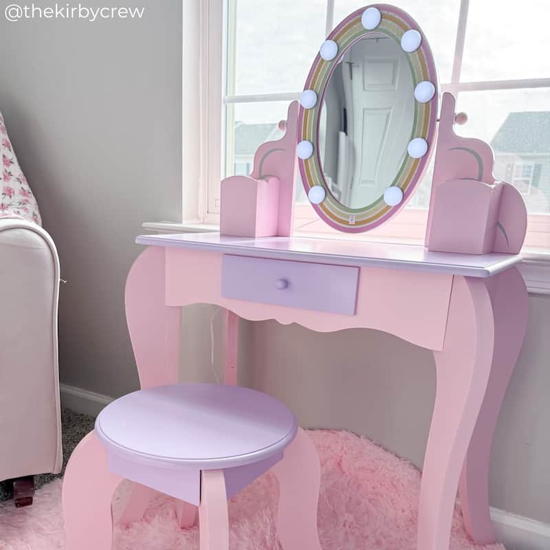 Teamson Kids Vanity Pretend Playset with LED Illuminated Mirror, Matching Stool, and Storage Drawer