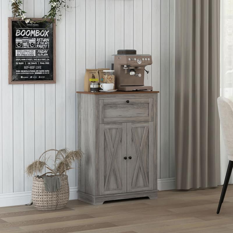 Farmhouse Barn Door Accent Cabinet, Kitchen Sideboard Storage Cabinet with Double Doors, Drawer, and Adjustable Shelf