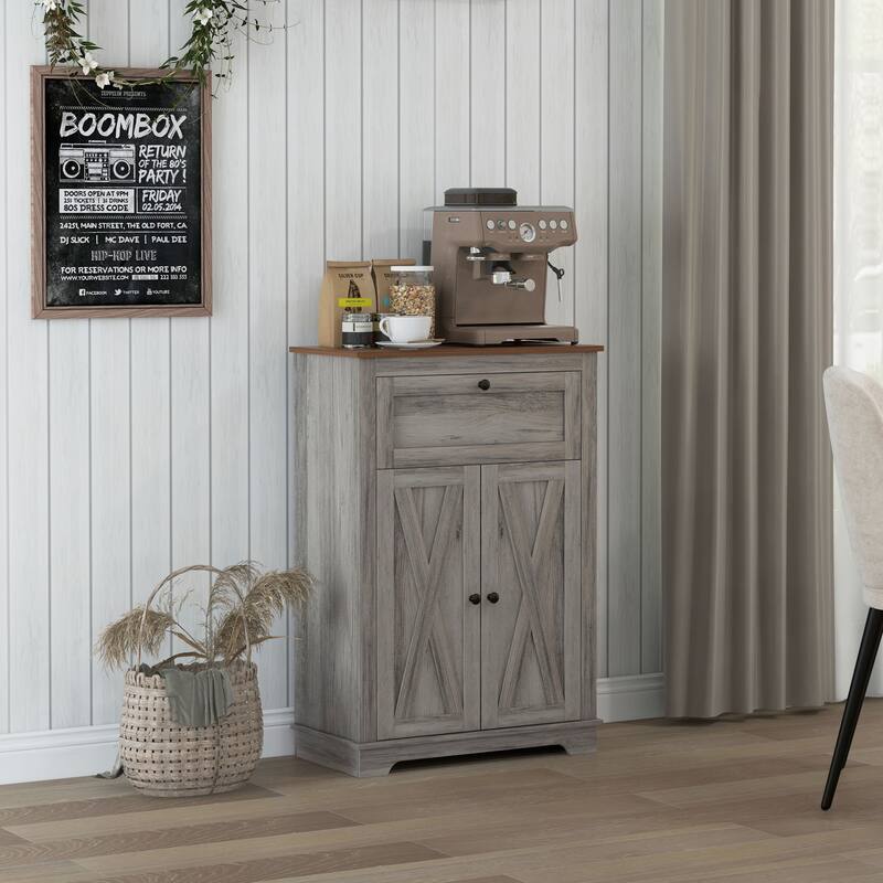 HOMCOM Farmhouse Barn Door Accent Cabinet, Kitchen Sideboard Storage Cabinet with Double Doors, Drawer, and Adjustable Shelf - Grey