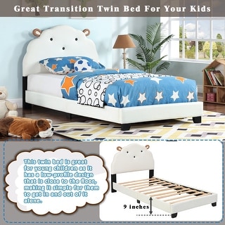 Sheep Design Headboard Upholstered Platform Bed, Twin, White